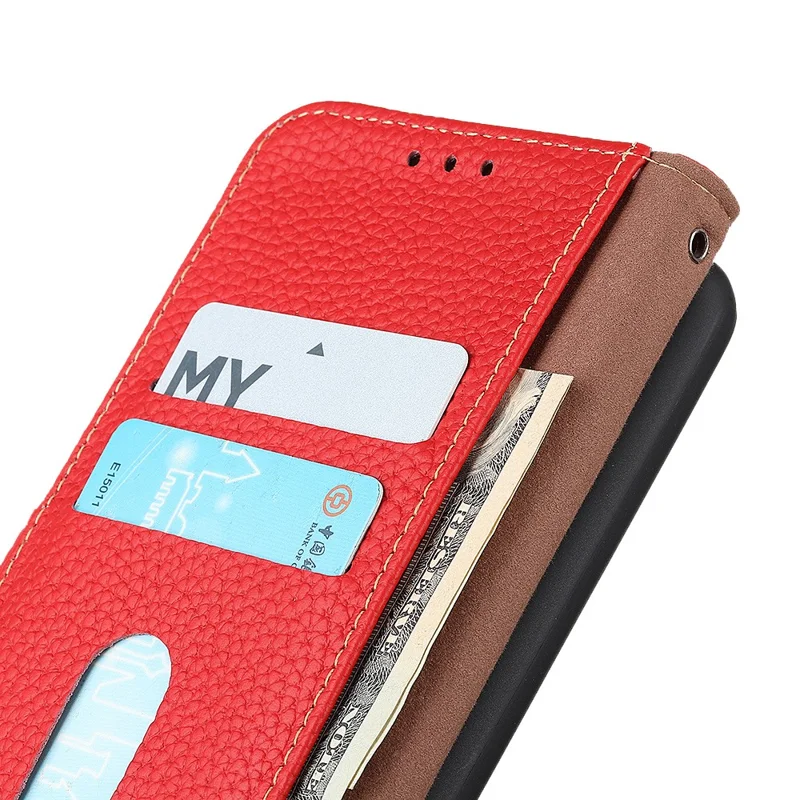 KHAZNEH For Google Pixel 11 Pro XL Wallet Case Litchi Texture Genuine Cow Leather Flip Phone Cover - Red