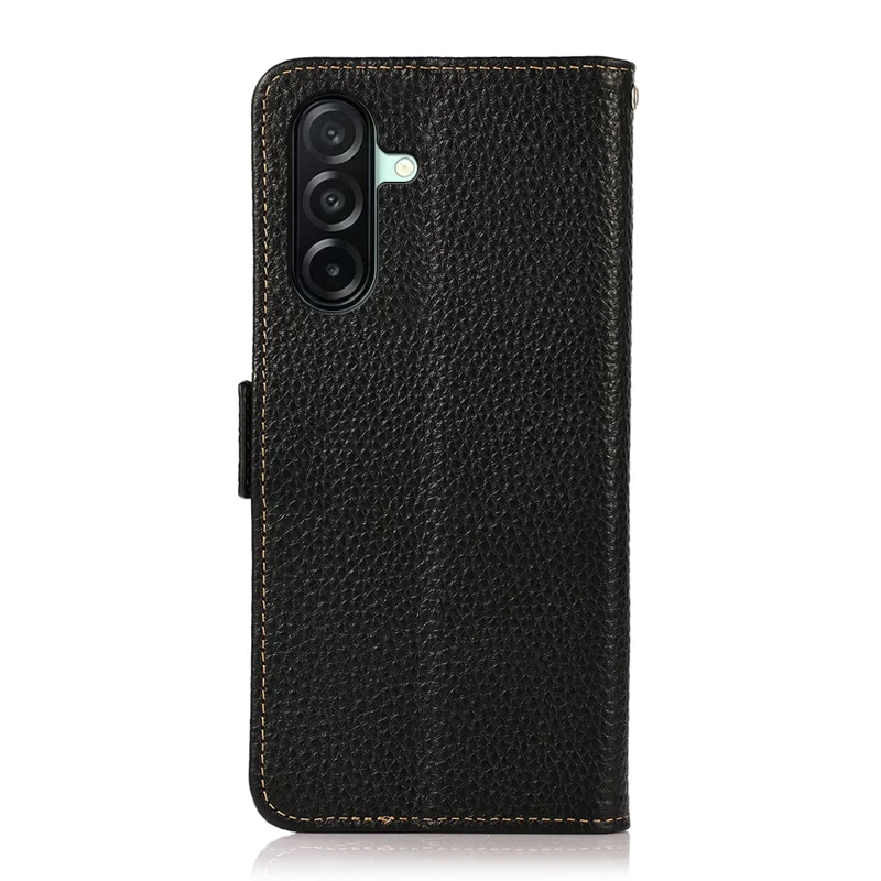 KHAZNEH für Samsung Galaxy A27 Handyhülle Litschi-Struktur Echtes Rindsleder Cover RFID-Schutz - Schwarz