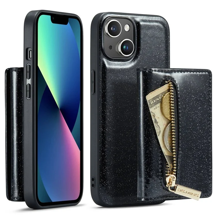 DG.MING M3 Series Magnetic Phone Cover For iPhone 13 6.1 inch Anti-drop 2-in-1 Detachable Glittery Zippered Wallet Phone Case Kickstand - Black