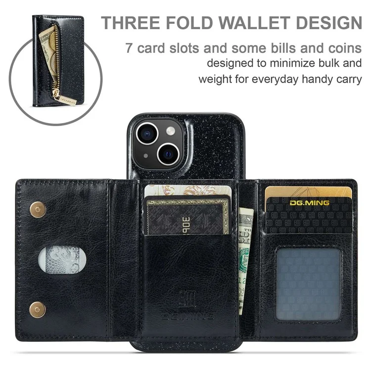 DG.MING M3 Series Magnetic Phone Cover For iPhone 13 6.1 inch Anti-drop 2-in-1 Detachable Glittery Zippered Wallet Phone Case Kickstand - Black