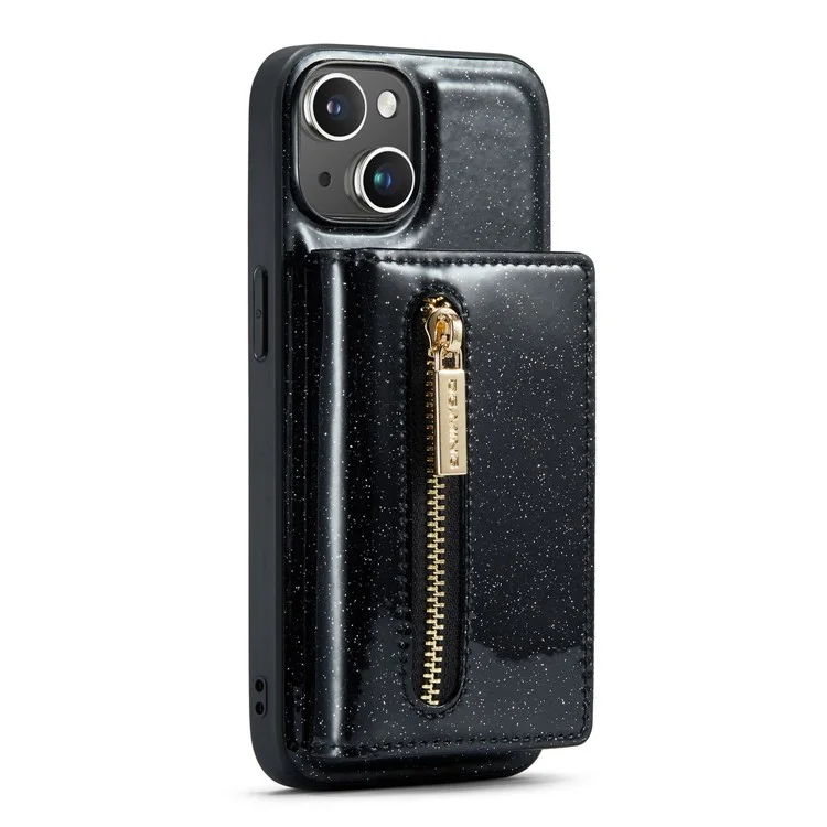 DG.MING M3 Series Magnetic Phone Cover For iPhone 13 6.1 inch Anti-drop 2-in-1 Detachable Glittery Zippered Wallet Phone Case Kickstand - Black