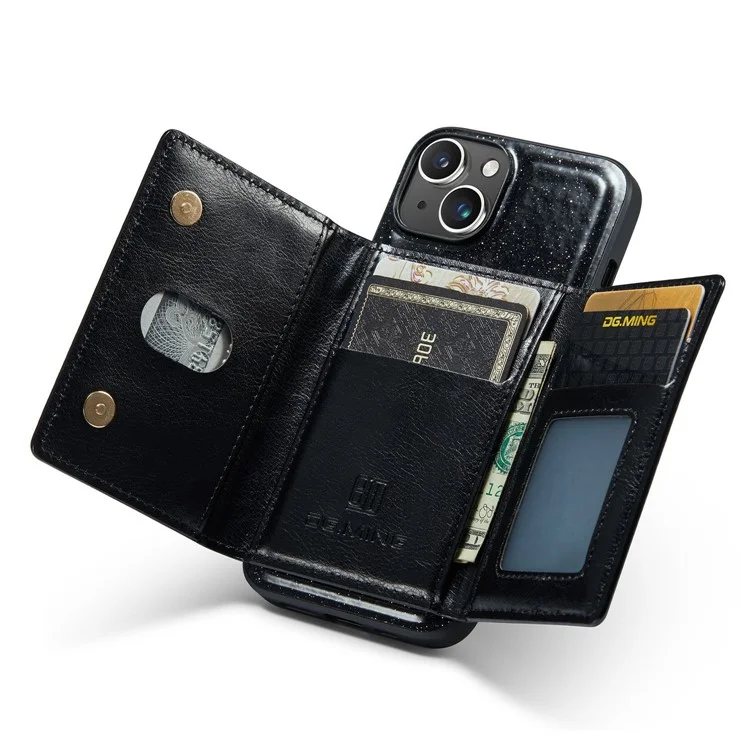 DG.MING M3 Series Magnetic Phone Cover For iPhone 13 6.1 inch Anti-drop 2-in-1 Detachable Glittery Zippered Wallet Phone Case Kickstand - Black