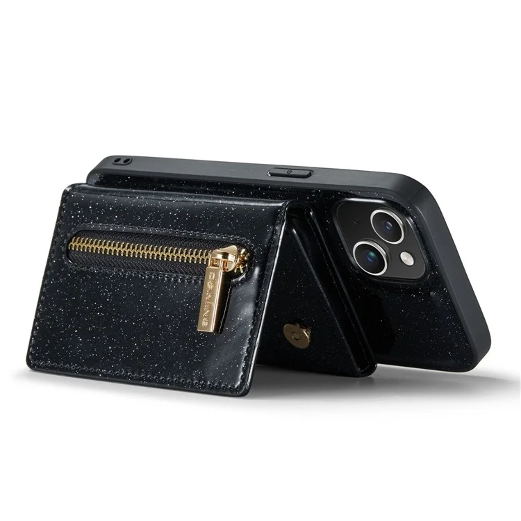 DG.MING M3 Series Magnetic Phone Cover For iPhone 13 6.1 inch Anti-drop 2-in-1 Detachable Glittery Zippered Wallet Phone Case Kickstand - Black