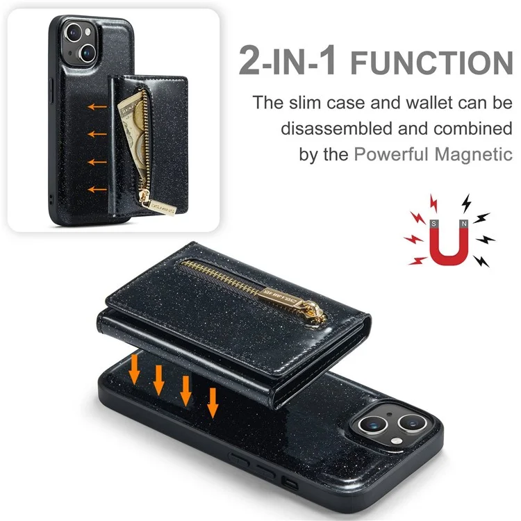 DG.MING M3 Series Magnetic Phone Cover For iPhone 13 6.1 inch Anti-drop 2-in-1 Detachable Glittery Zippered Wallet Phone Case Kickstand - Black