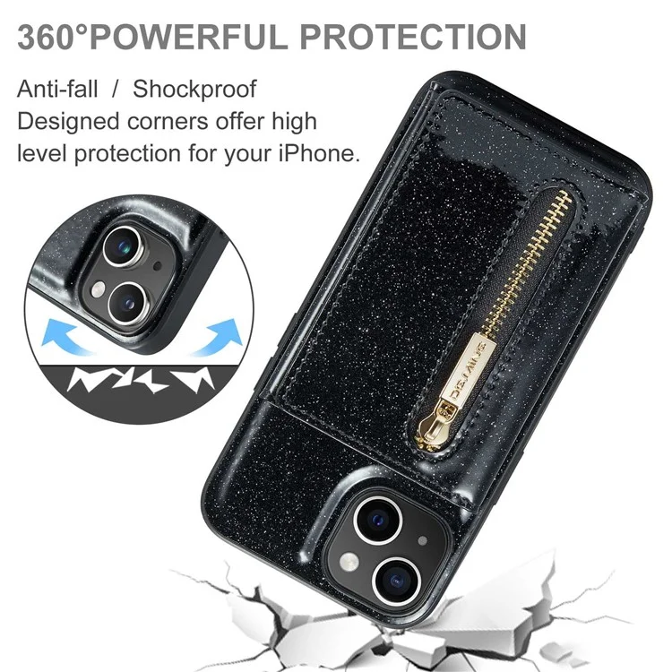 DG.MING M3 Series Magnetic Phone Cover For iPhone 13 6.1 inch Anti-drop 2-in-1 Detachable Glittery Zippered Wallet Phone Case Kickstand - Black