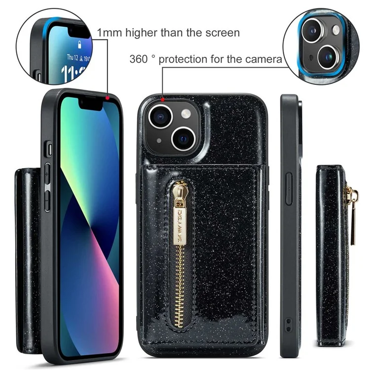 DG.MING M3 Series Magnetic Phone Cover For iPhone 13 6.1 inch Anti-drop 2-in-1 Detachable Glittery Zippered Wallet Phone Case Kickstand - Black