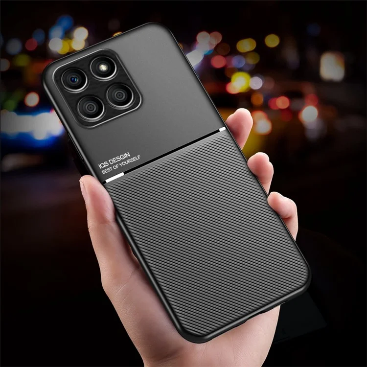 Lines Imprinted Phone Case for Honor X8 5G, PU Leather+TPU Car Mount Metal Sheet Protective Cover - Black