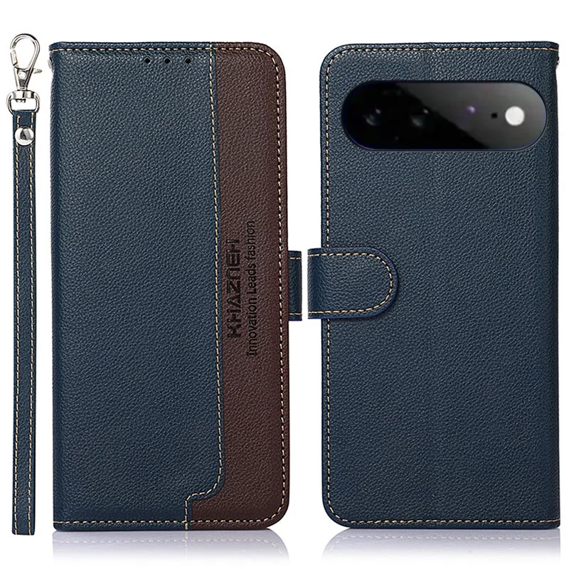 KHAZNEH Capa para Google Pixel 11 Pro XL com Carteira e Bloqueio RFID, Textura Litchi em Pele Sintética PU com Alça - Azul