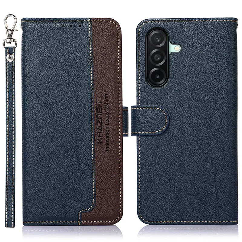 KHAZNEH Für Samsung Galaxy A27 Tasche mit RFID-Schutz Geldbörse Litschi-Struktur PU-Leder-Handyhülle mit Gurt - Blau