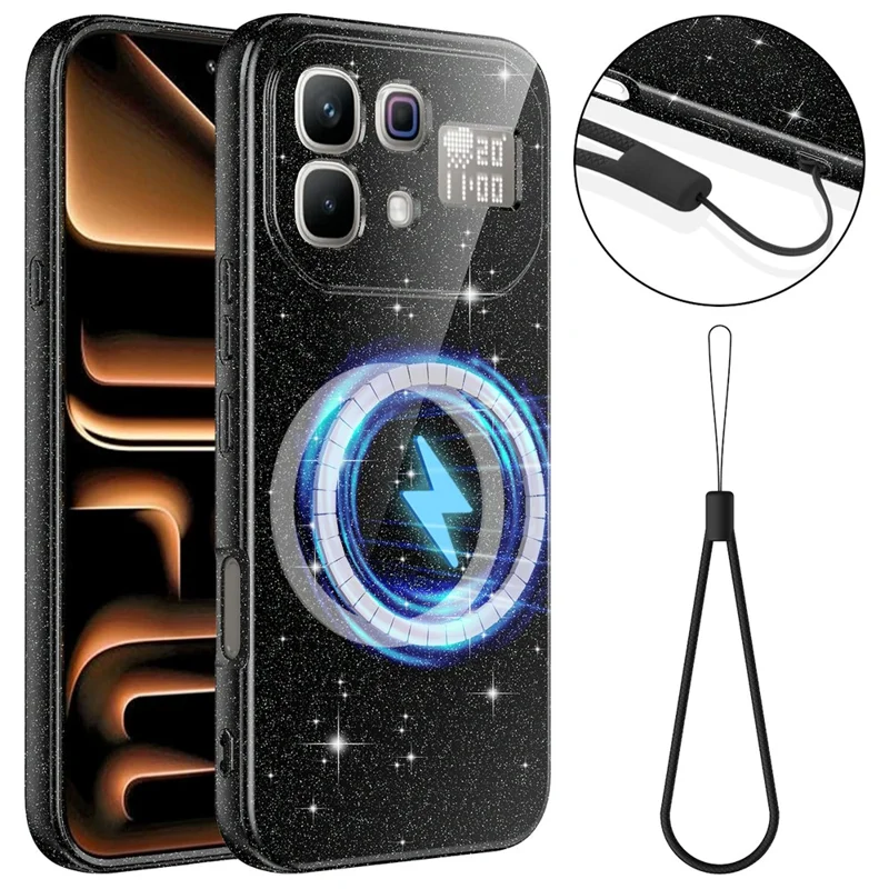 Magnetic Case For Infinix Note 60 5G  /  60 Pro 5G Glitter TPU Shockproof Phone Cover with Lanyard - Black