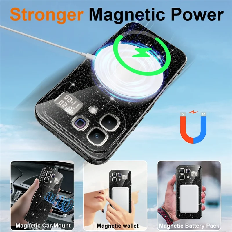Magnetic Case For Infinix Note 60 5G  /  60 Pro 5G Glitter TPU Shockproof Phone Cover with Lanyard - Black