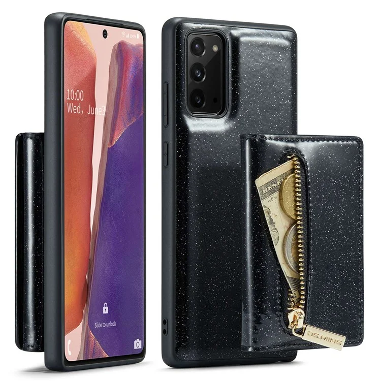 DG.MING M3 Series For Samsung Galaxy Note20/Note20 5G 2-in-1 Detachable Zippered Wallet Phone Case Glittery Magnetic Smartphone Cover Kickstand - Black