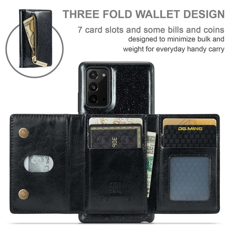 DG.MING M3 Series For Samsung Galaxy Note20/Note20 5G 2-in-1 Detachable Zippered Wallet Phone Case Glittery Magnetic Smartphone Cover Kickstand - Black