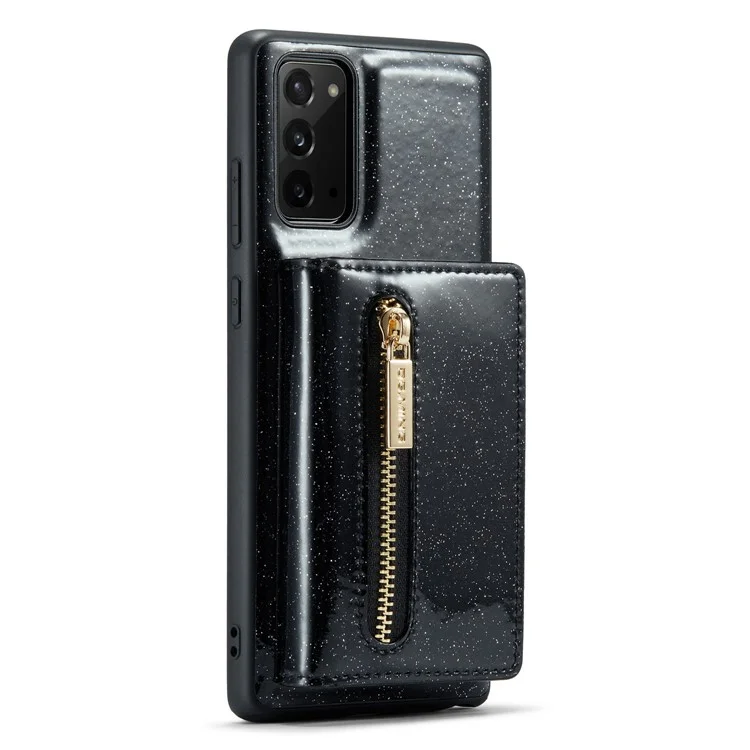 DG.MING M3 Series For Samsung Galaxy Note20/Note20 5G 2-in-1 Detachable Zippered Wallet Phone Case Glittery Magnetic Smartphone Cover Kickstand - Black