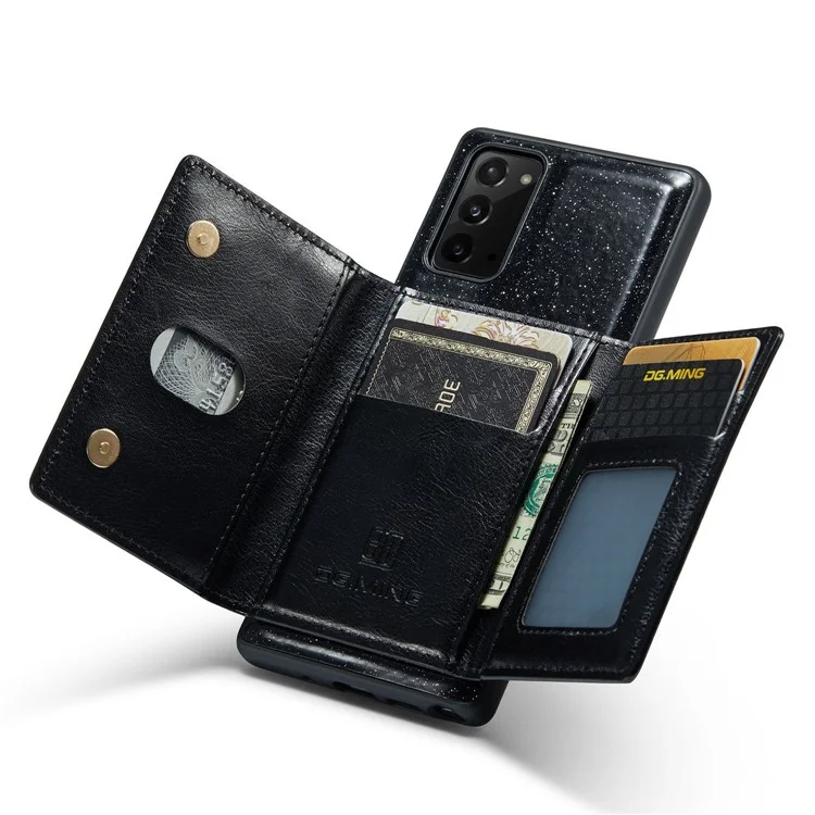 DG.MING M3 Series For Samsung Galaxy Note20/Note20 5G 2-in-1 Detachable Zippered Wallet Phone Case Glittery Magnetic Smartphone Cover Kickstand - Black