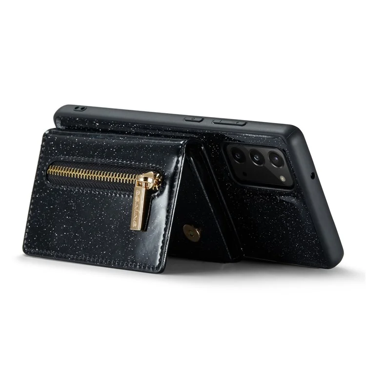 DG.MING M3 Series For Samsung Galaxy Note20/Note20 5G 2-in-1 Detachable Zippered Wallet Phone Case Glittery Magnetic Smartphone Cover Kickstand - Black