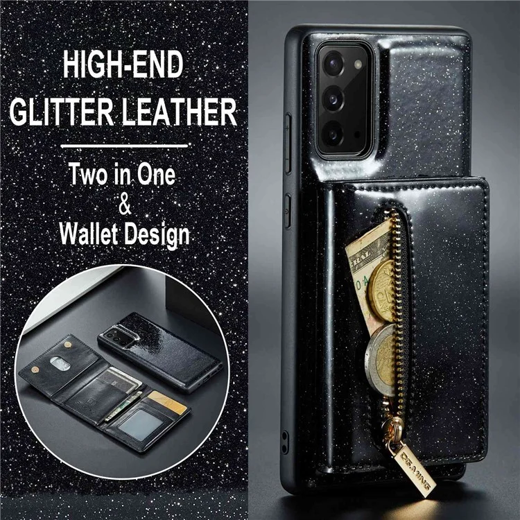 DG.MING M3 Series For Samsung Galaxy Note20/Note20 5G 2-in-1 Detachable Zippered Wallet Phone Case Glittery Magnetic Smartphone Cover Kickstand - Black