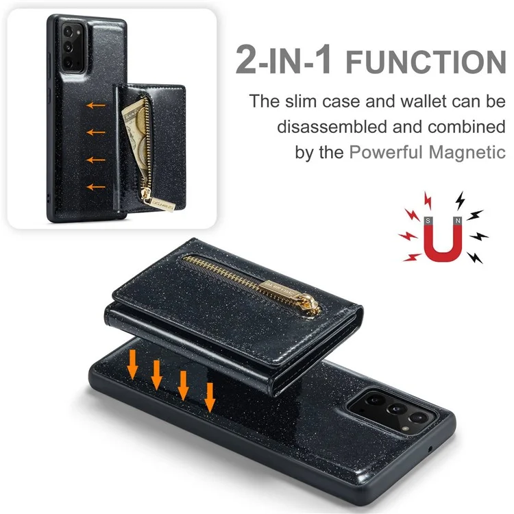 DG.MING M3 Series For Samsung Galaxy Note20/Note20 5G 2-in-1 Detachable Zippered Wallet Phone Case Glittery Magnetic Smartphone Cover Kickstand - Black