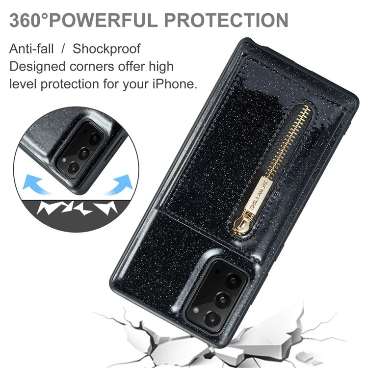 DG.MING M3 Series For Samsung Galaxy Note20/Note20 5G 2-in-1 Detachable Zippered Wallet Phone Case Glittery Magnetic Smartphone Cover Kickstand - Black
