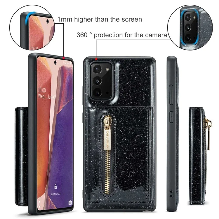 DG.MING M3 Series For Samsung Galaxy Note20/Note20 5G 2-in-1 Detachable Zippered Wallet Phone Case Glittery Magnetic Smartphone Cover Kickstand - Black