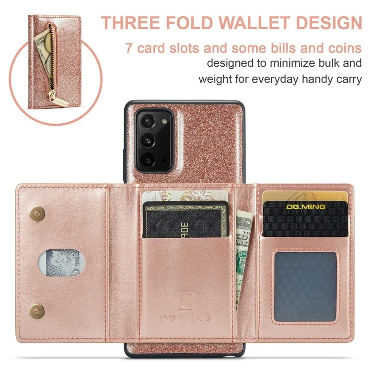 Dg. Serie Ming M3 Per Samsung Galaxy Note20/Note20 5G 5-in-1 Custodia Per Telefono Con Cerniera Staccabile Con Cerniera Scintillante Coperchio Per Smartphone Magnetico il Cavalletto - Oro Rosa