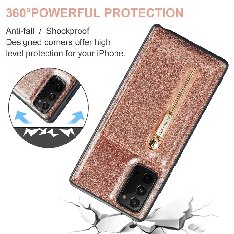 Dg. Serie Ming M3 Per Samsung Galaxy Note20/Note20 5G 5-in-1 Custodia Per Telefono Con Cerniera Staccabile Con Cerniera Scintillante Coperchio Per Smartphone Magnetico il Cavalletto - Oro Rosa