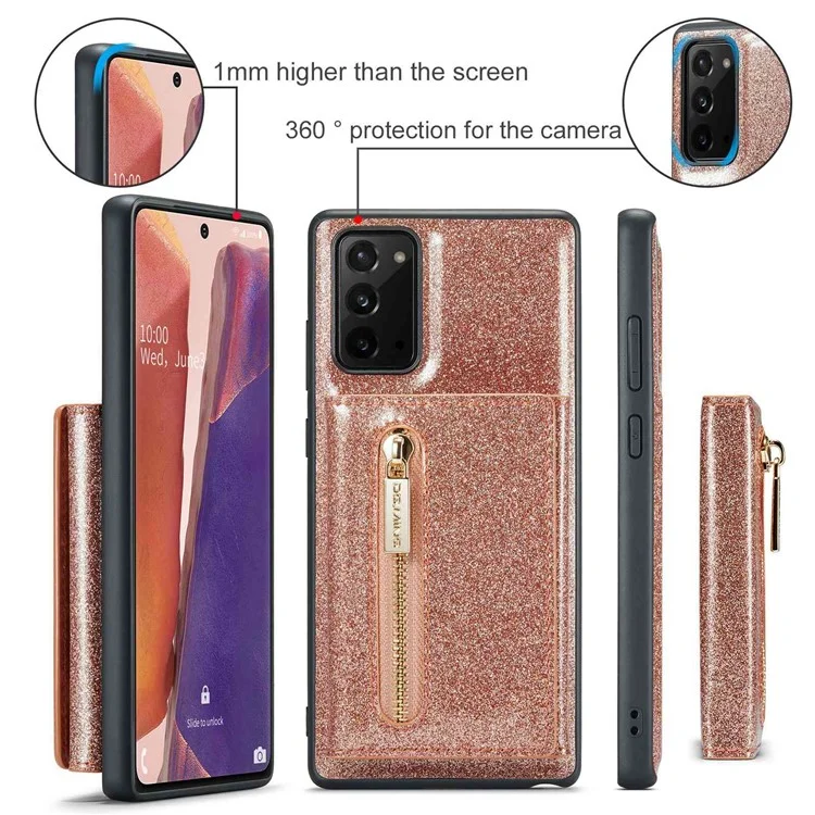Dg. Serie Ming M3 Per Samsung Galaxy Note20/Note20 5G 5-in-1 Custodia Per Telefono Con Cerniera Staccabile Con Cerniera Scintillante Coperchio Per Smartphone Magnetico il Cavalletto - Oro Rosa