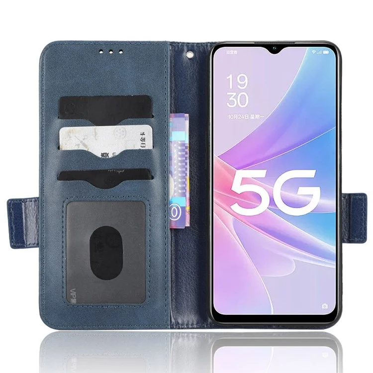 For Oppo A58 5G Imprinted Triangle Pattern PU Leather Wallet Stand Case Phone Drop-proof Cover with Hand Strap - Blue
