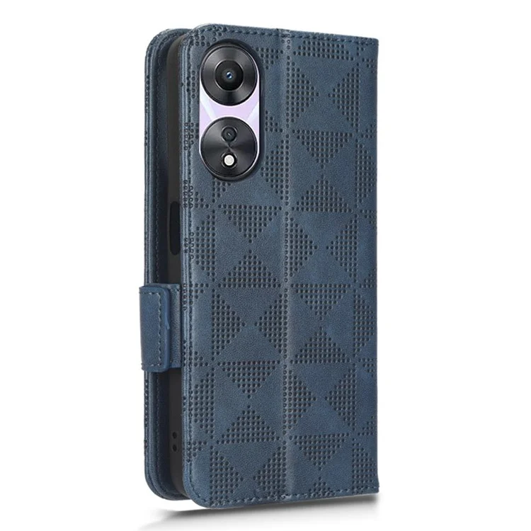 For Oppo A58 5G Imprinted Triangle Pattern PU Leather Wallet Stand Case Phone Drop-proof Cover with Hand Strap - Blue