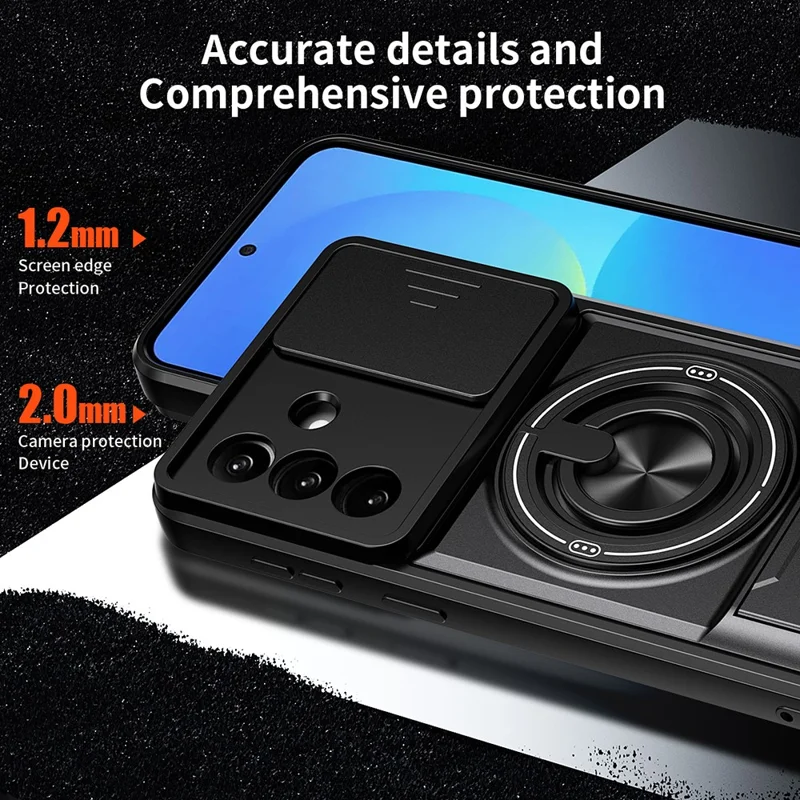 For Samsung Galaxy A27 Magnetic Case Ring Holder Foldable Kickstand TPU PC Phone Cover with Camera Lens Slider - Black