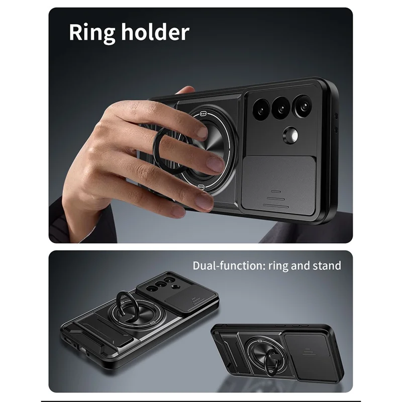 For Samsung Galaxy A27 Magnetic Case Ring Holder Foldable Kickstand TPU PC Phone Cover with Camera Lens Slider - Black