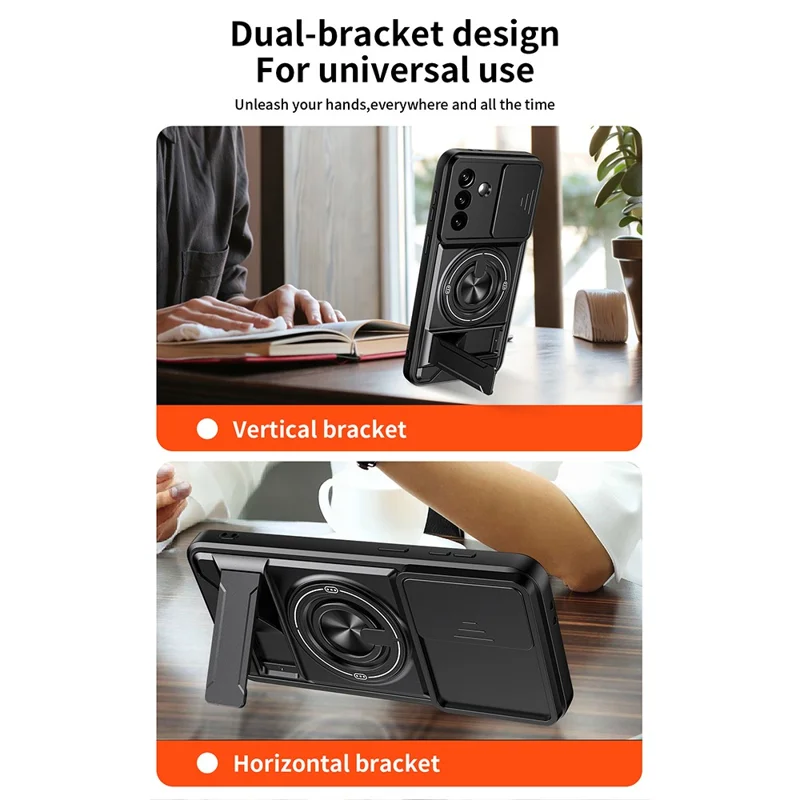 For Samsung Galaxy A27 Magnetic Case Ring Holder Foldable Kickstand TPU PC Phone Cover with Camera Lens Slider - Black