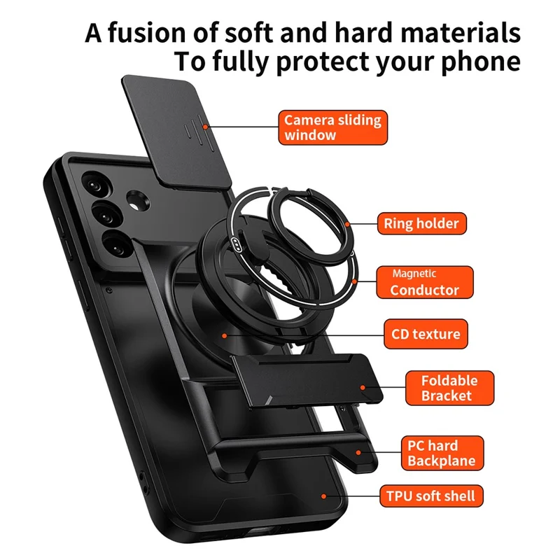 For Samsung Galaxy A27 Magnetic Case Ring Holder Foldable Kickstand TPU PC Phone Cover with Camera Lens Slider - Black