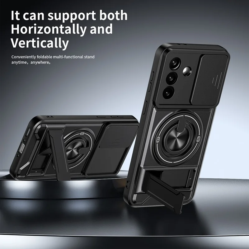 For Samsung Galaxy A27 Magnetic Case Ring Holder Foldable Kickstand TPU PC Phone Cover with Camera Lens Slider - Black