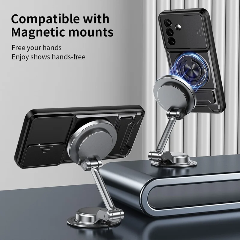 For Samsung Galaxy A27 Magnetic Case Ring Holder Foldable Kickstand TPU PC Phone Cover with Camera Lens Slider - Black