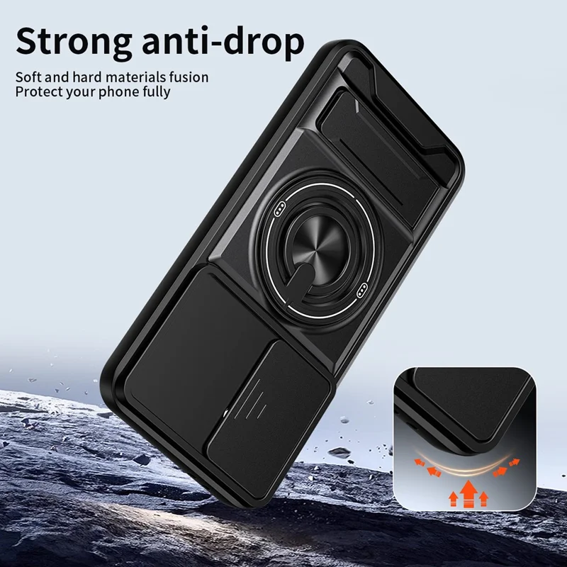 For Samsung Galaxy A27 Magnetic Case Ring Holder Foldable Kickstand TPU PC Phone Cover with Camera Lens Slider - Black