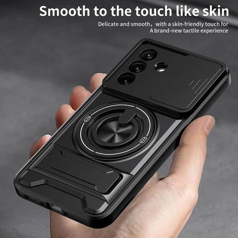 For Samsung Galaxy A27 Magnetic Case Ring Holder Foldable Kickstand TPU PC Phone Cover with Camera Lens Slider - Black