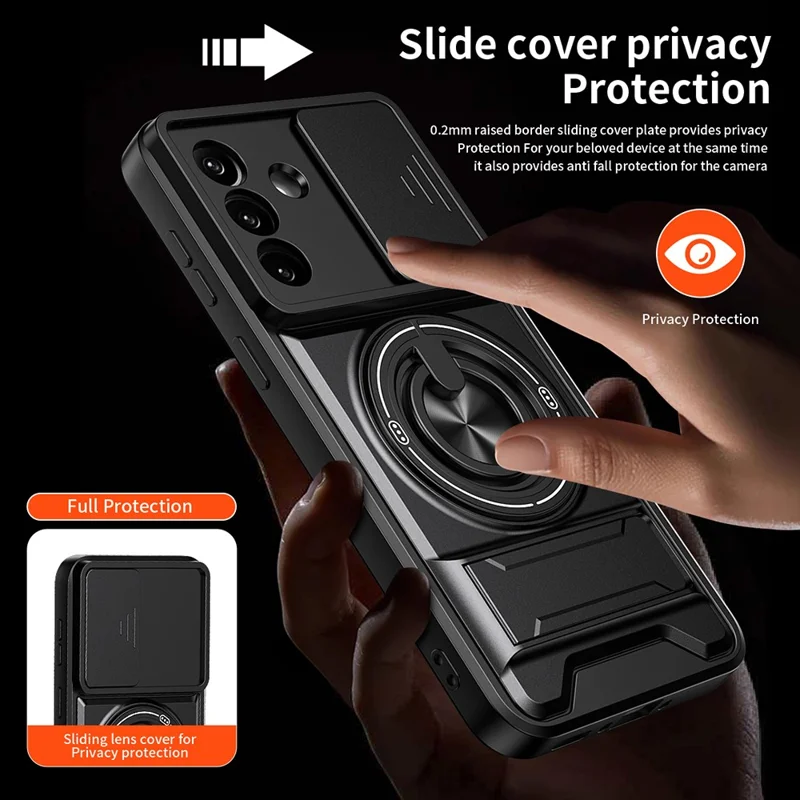 For Samsung Galaxy A27 Magnetic Case Ring Holder Foldable Kickstand TPU PC Phone Cover with Camera Lens Slider - Black