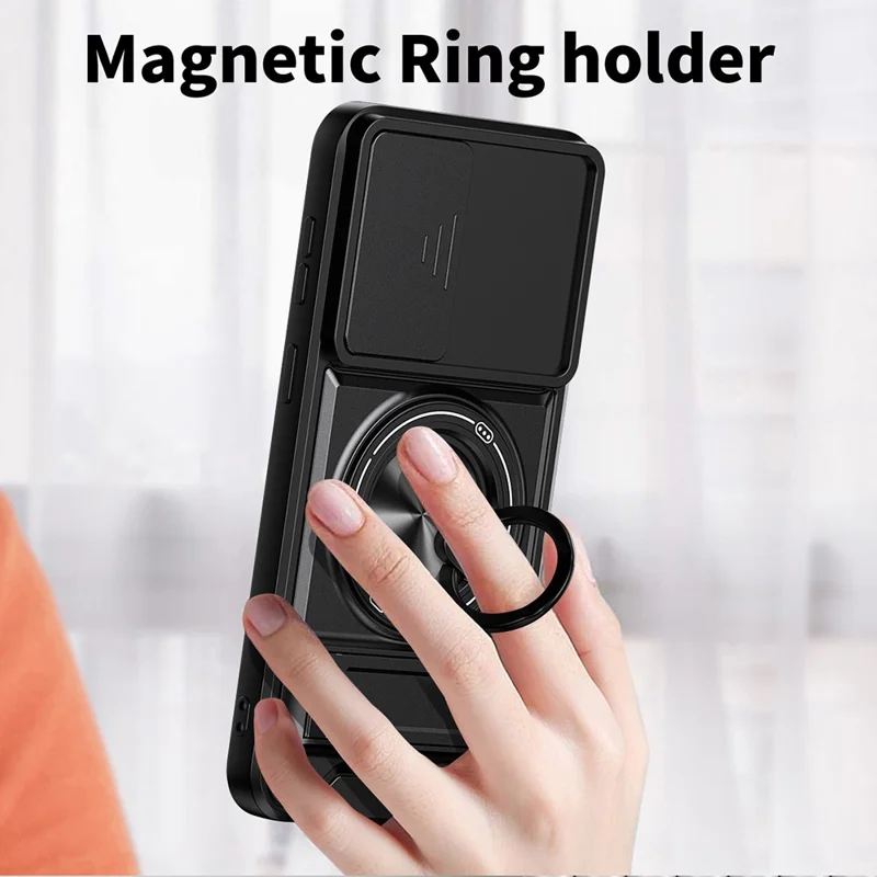 For Samsung Galaxy A27 Magnetic Case Ring Holder Foldable Kickstand TPU PC Phone Cover with Camera Lens Slider - Black
