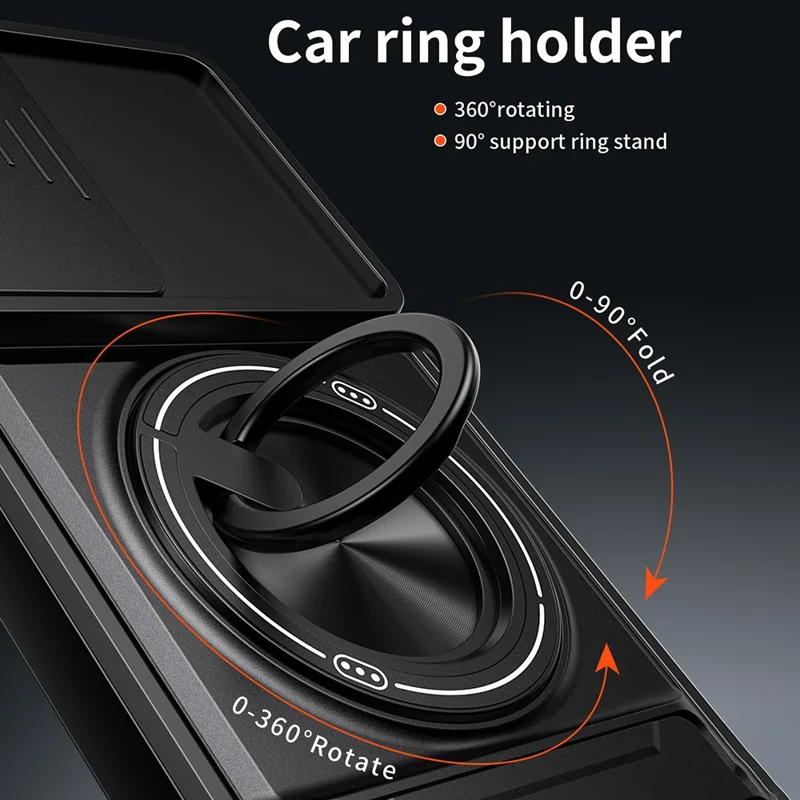For Samsung Galaxy A27 Magnetic Case Ring Holder Foldable Kickstand TPU PC Phone Cover with Camera Lens Slider - Black