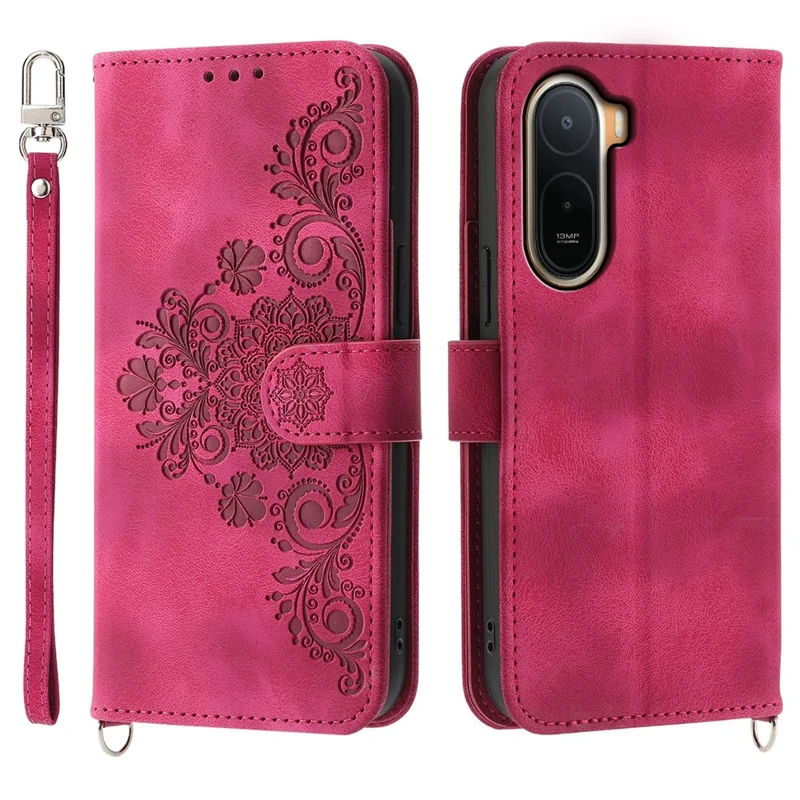 For Xiaomi Redmi A7 Pro 4G Wallet Case Flower Pattern PU Leather Phone Cover with Strap - Wine Red