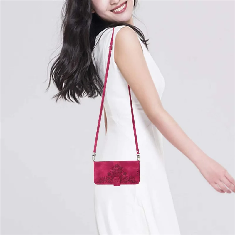 For Xiaomi Redmi A7 Pro 4G Wallet Case Flower Pattern PU Leather Phone Cover with Strap - Wine Red