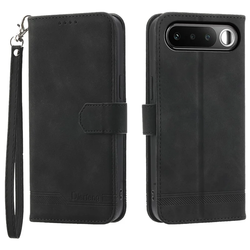 DIERFENG DF-03 для Realme 16 5G чехол из искусственной кожи с тиснением линий, бумажник, чехол для телефона с ремешком на запястье — черный