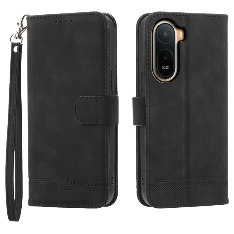 DIERFENG DF-03 Für Xiaomi Redmi A7 Pro 4G Ledertasche Linienprägung Brieftasche Handyhülle mit Handschlaufe - Schwarz