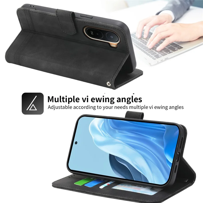 DIERFENG DF-03 Für Xiaomi Redmi A7 Pro 4G Ledertasche Linienprägung Brieftasche Handyhülle mit Handschlaufe - Schwarz