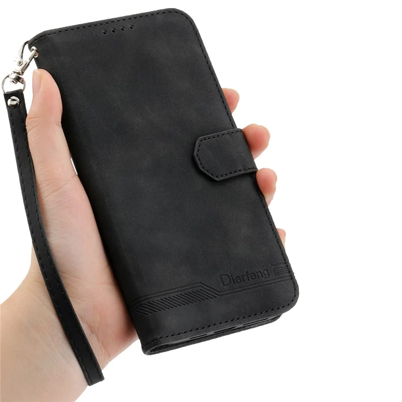 DIERFENG DF-03 Für Xiaomi Redmi A7 Pro 4G Ledertasche Linienprägung Brieftasche Handyhülle mit Handschlaufe - Schwarz