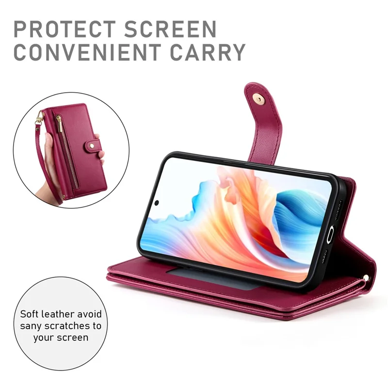 For Realme 16 5G Leather Case Zipper Pocket Wallet Phone Cover with Straps - Red