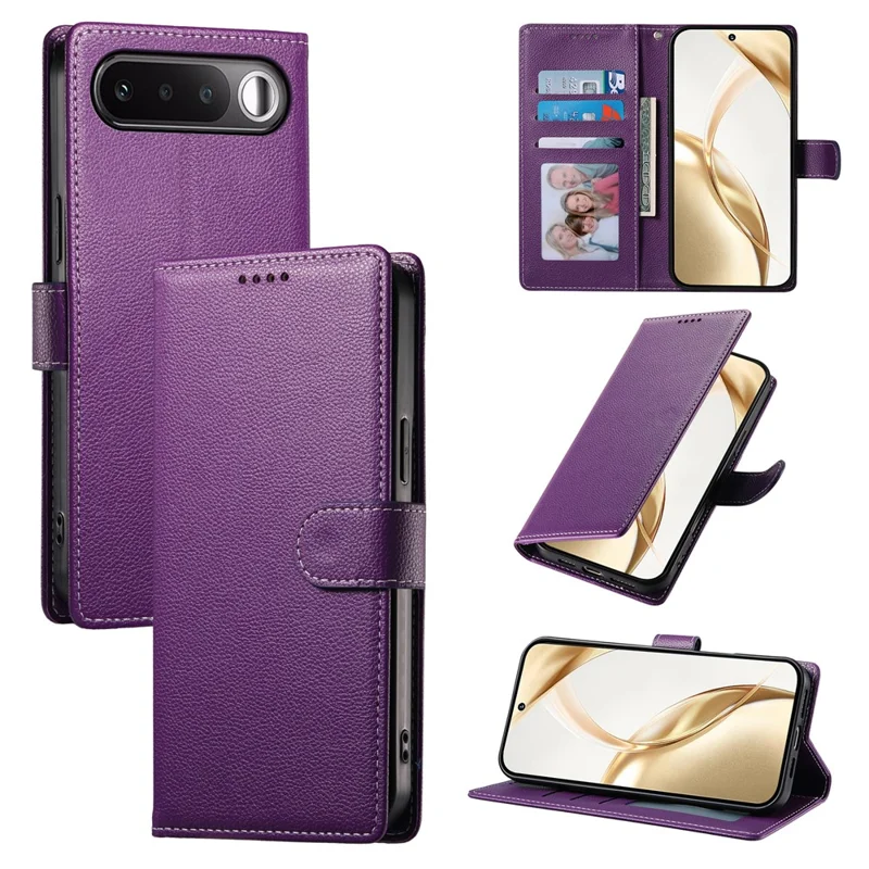 For Realme 16 5G Case Magnetic Snap Litchi Texture Leather Wallet Phone Cover with Wrist Strap - Purple