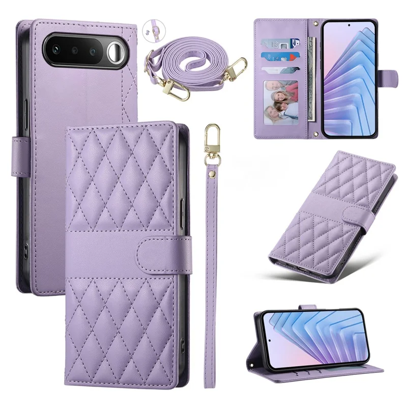 For Realme 16 5G Wallet Case Rhombus Stitching Stand Leather Phone Cover with Long   /   Short Strap - Purple