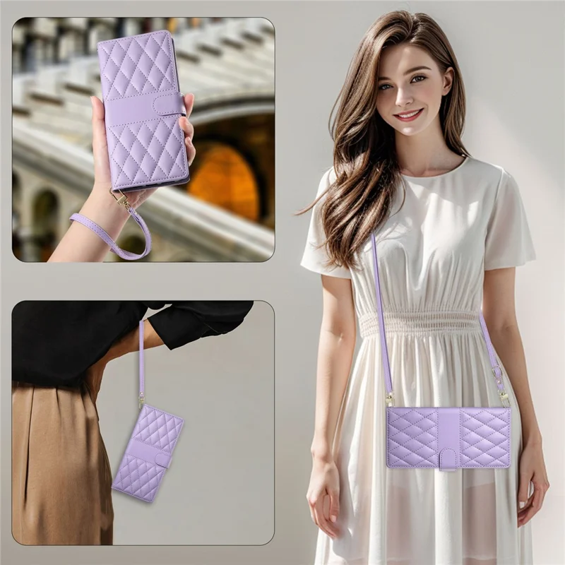 For Realme 16 5G Wallet Case Rhombus Stitching Stand Leather Phone Cover with Long   /   Short Strap - Purple
